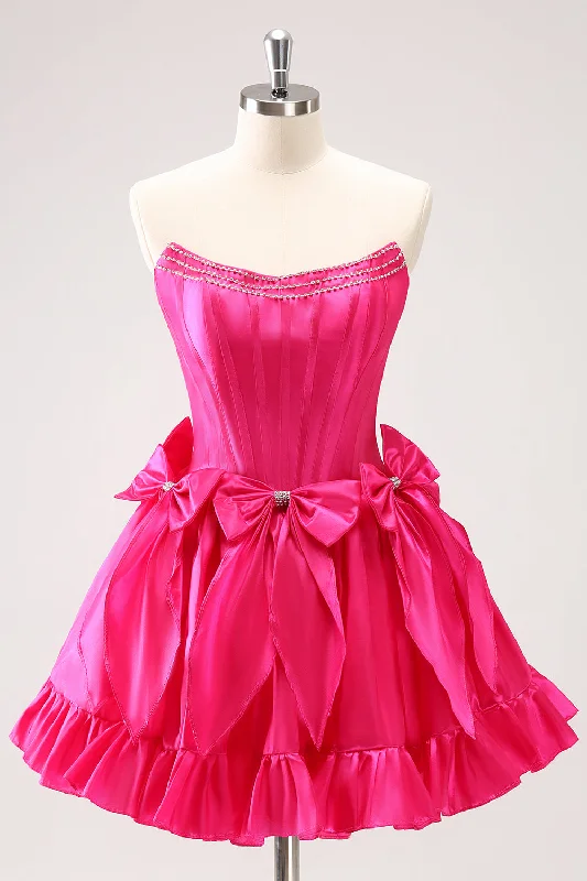 "Trendy casual dresses for women to wear at the beach"Fuchsia A Line Strapless Corset Short Homecoming Dress With Bows "Trendy casual dresses for women to wear at the beach"Fuchsia A Line Strapless Corset Short Homecoming Dress With Bows