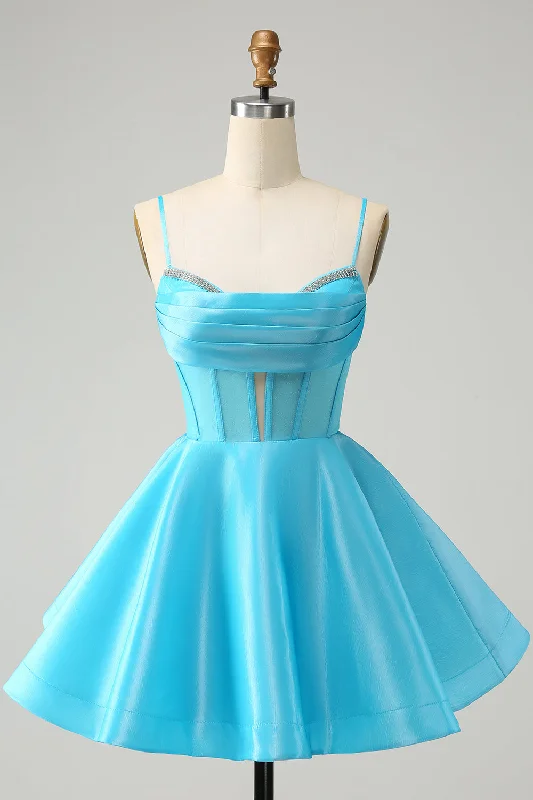 "Mother of the groom dresses for women in sophisticated designs"Cute Glitter Blue A Line Spaghetti Straps Corset Homecoming Dress with Beading