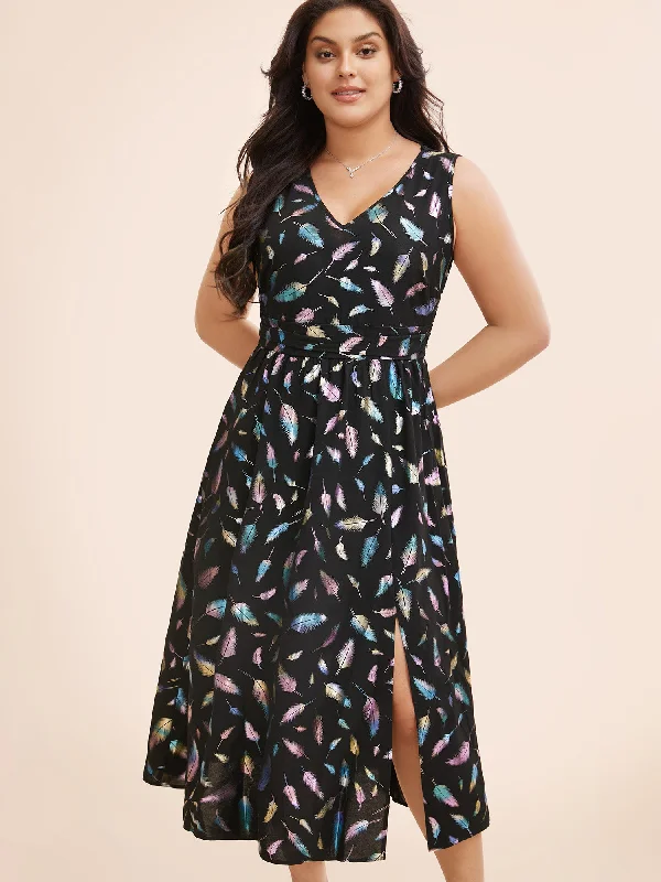 Off - the - Shoulder Maxi Dresses for Evening PartiesGlitter Feather Print V Neck Dress
