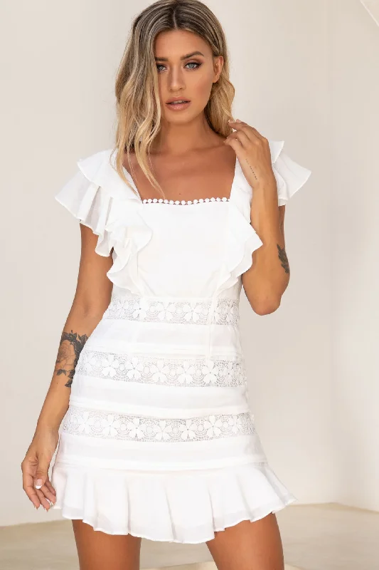 "Limited - Time Offer: Up to 50% Off on Women's Dresses!"Good Graces Ruffle Shoulder Crochet Insert Dress White "Limited - Time Offer: Up to 50% Off on Women's Dresses!"Good Graces Ruffle Shoulder Crochet Insert Dress White