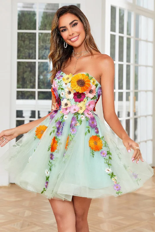 "Sequined dresses for women to shine at parties"Gorgeous A Line Light Green Strapless Homecoming Dress with 3D Flowers "Sequined dresses for women to shine at parties"Gorgeous A Line Light Green Strapless Homecoming Dress with 3D Flowers