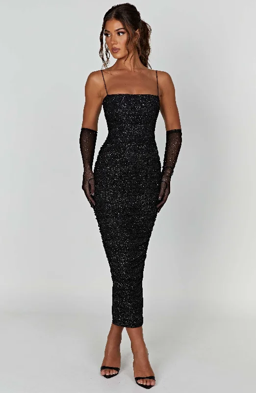 Maxi Dresses Decorated with Feathers for a Dazzling LookGracie Maxi Dress - Black Sparkle