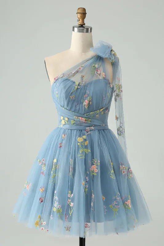 "Beach wedding dresses for women for a laid - back ceremony"Grey Blue A Line One Shoulder Tulle Short Homecoming Dress with Floral Embroidery "Beach wedding dresses for women for a laid - back ceremony"Grey Blue A Line One Shoulder Tulle Short Homecoming Dress with Floral Embroidery