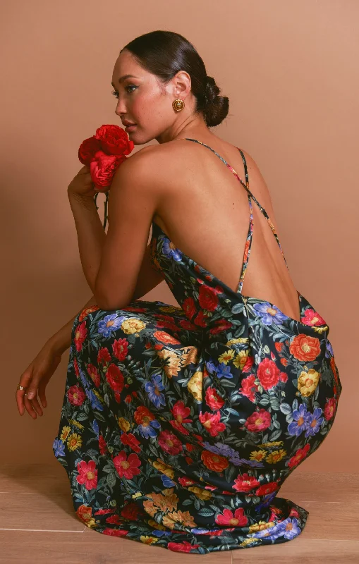 Maxi Dresses Embellished with Pearls for EleganceHailey Slip Dress ~ Charm Peony Black Luxe Satin