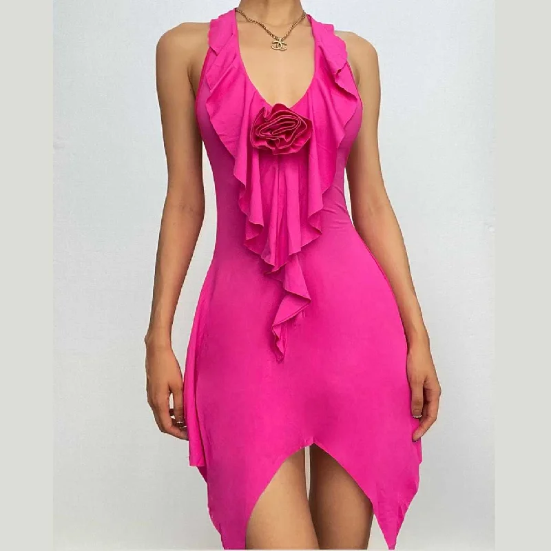 "Beaded dresses for women for a glamorous look"BerryBetty - Halter flower applique backless ruffle u neck solid mini dress "Beaded dresses for women for a glamorous look"BerryBetty - Halter flower applique backless ruffle u neck solid mini dress