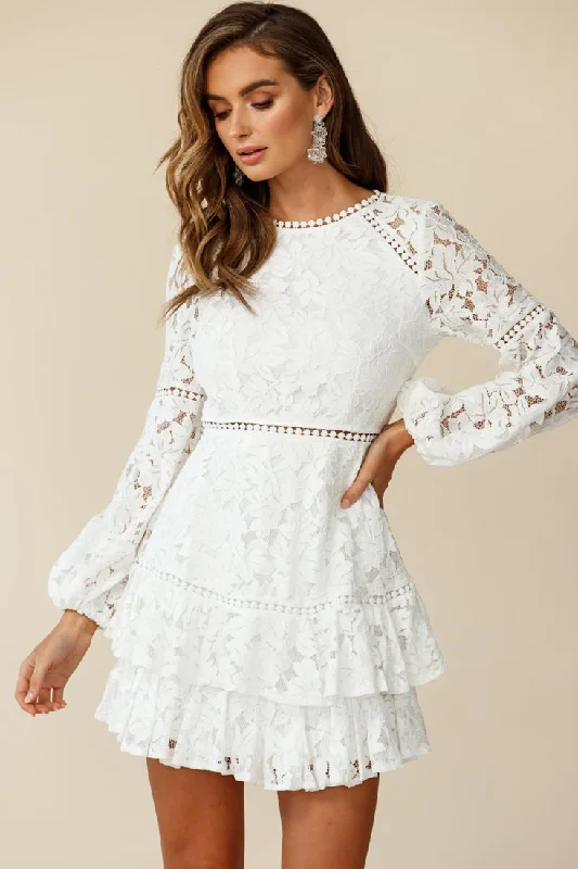 "Work - appropriate dresses for professional women"Henrietta Lace Overlay Long Sleeve Ruffle Dress White