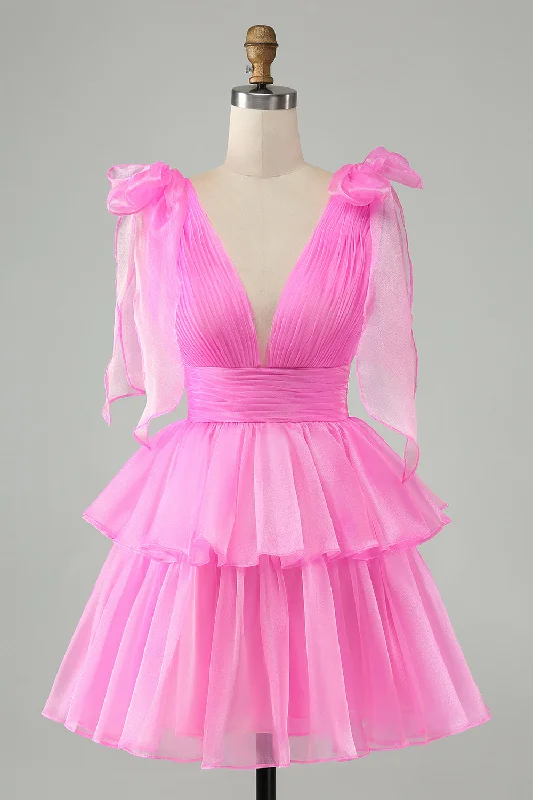"Comfortable maternity dresses for pregnant women"Hot Pink A Line V Neck Pleated Tiered Short Homecoming Dress