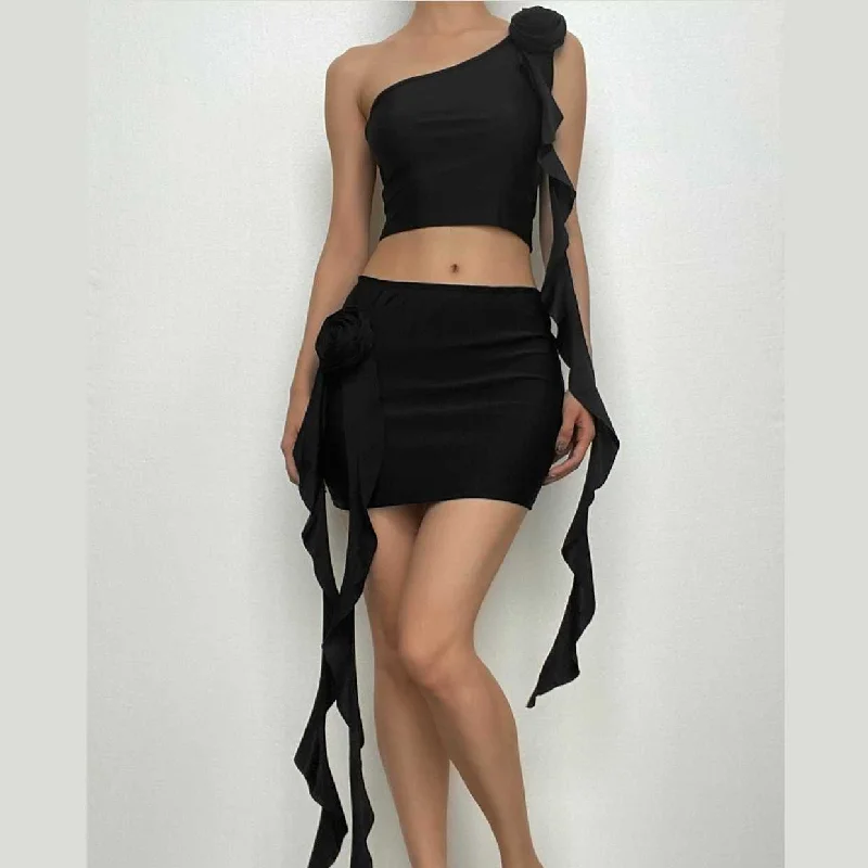 "Ruffled dresses for women for added femininity"BerryBetty - Irregular flower applique one shoulder solid mini skirt set "Ruffled dresses for women for added femininity"BerryBetty - Irregular flower applique one shoulder solid mini skirt set