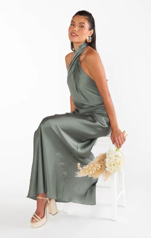 Maxi Dresses with Romantic Bows for a Feminine TouchJasmine Halter Maxi Dress ~ Deep Sage Luxe Satin