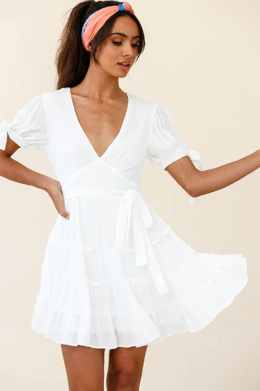 "Black dresses for women for a classic and timeless appearance"Jocelyn Short Sleeve Tied Cuff Layered Ruffle Dress White "Black dresses for women for a classic and timeless appearance"Jocelyn Short Sleeve Tied Cuff Layered Ruffle Dress White