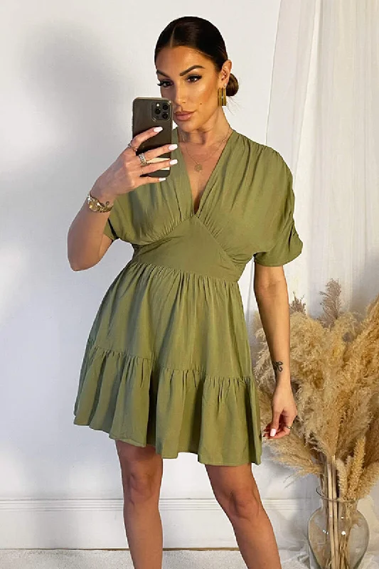 "Buy One, Get One 50% Off on Women's Dresses - Don't Miss Out!"Khaki Short Sleeve Tie Back V Neck Mini Dress "Buy One, Get One 50% Off on Women's Dresses - Don't Miss Out!"Khaki Short Sleeve Tie Back V Neck Mini Dress