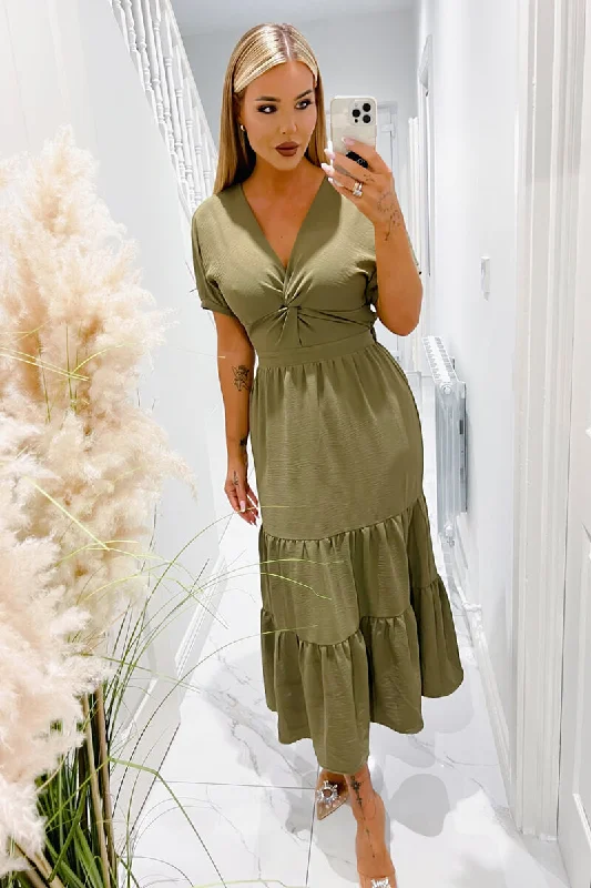 Maxi Dresses with Laser - Cut Patterns for a Modern LookKhaki Twist Front Maxi Smock Dress
