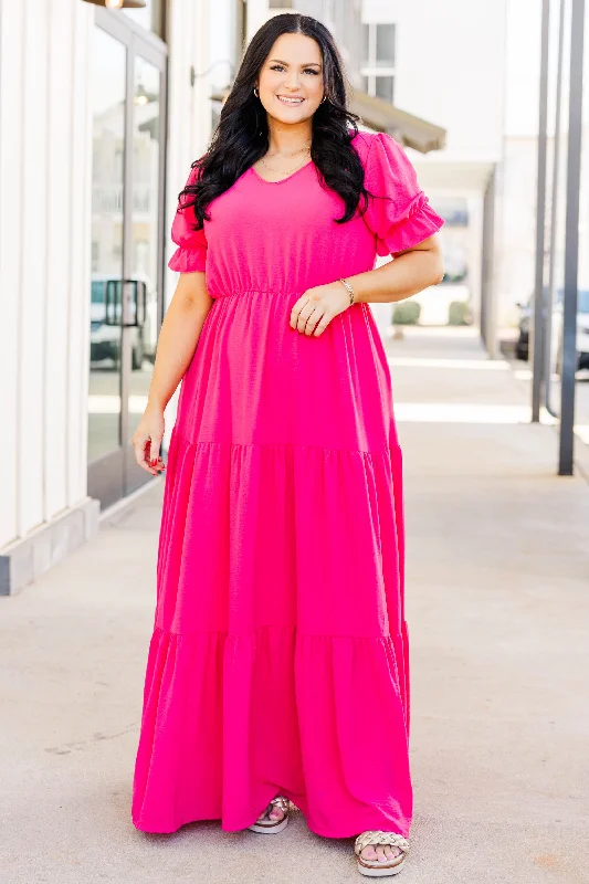 Maxi Dresses with Long - Sleeve Lace Inserts for a Romantic LookKiss Like Honey Dress, Fuchsia