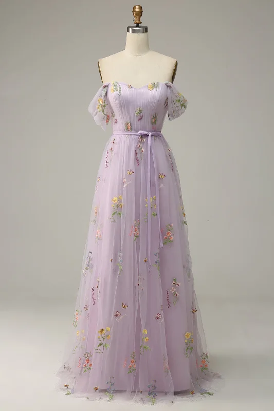 "Long sleeve dresses for women in cold weather"Lavender A Line Tulle Off Shoulder Prom Dress "Long sleeve dresses for women in cold weather"Lavender A Line Tulle Off Shoulder Prom Dress