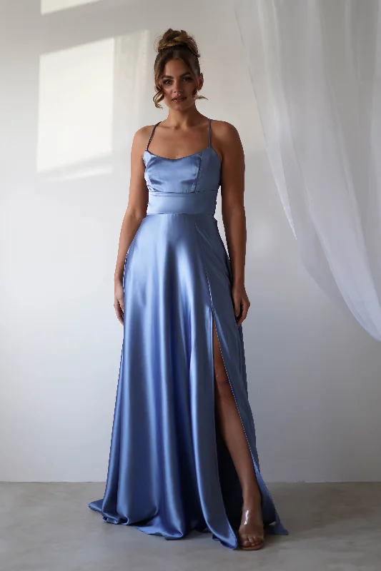 Maxi Dresses for Baby ShowersLeelie Silky Satin Maxi Gown | Slate Blue