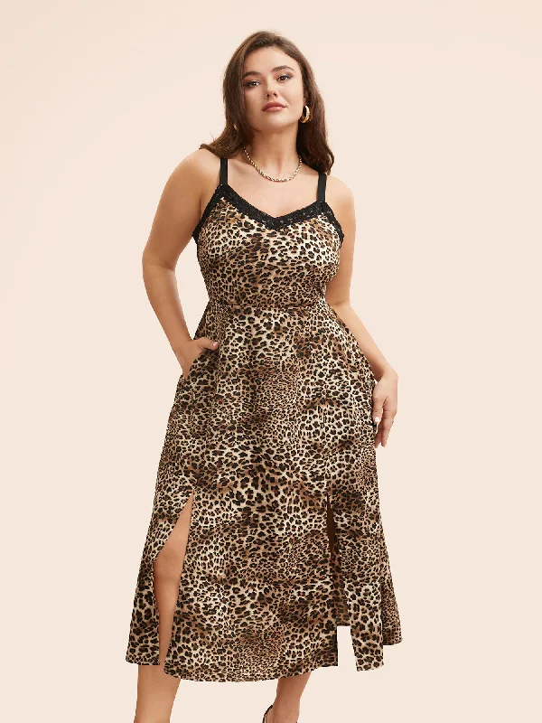 Calming Blue Maxi Dresses for a Soothing LookLeopard Print Lace Patchwork Slit Hem Dress