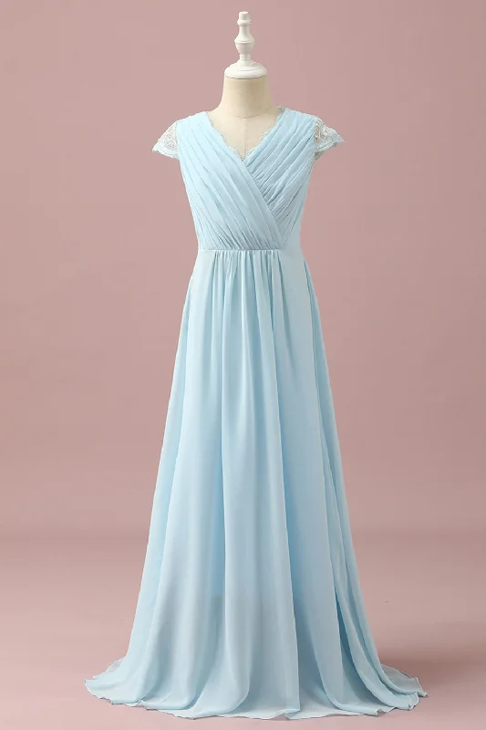 "Satin dresses for women for a luxurious appearance"Light Blue Lace and Chiffon V-Neck Junior Bridesmaid Dress "Satin dresses for women for a luxurious appearance"Light Blue Lace and Chiffon V-Neck Junior Bridesmaid Dress