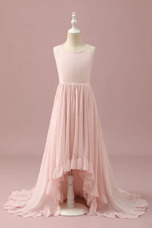 "Affordable plus size women's summer dresses"Light Pink Chiffon Halter High Low Junior Bridesmaid Dress "Affordable plus size women's summer dresses"Light Pink Chiffon Halter High Low Junior Bridesmaid Dress