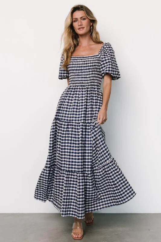 Retro - Style Bubble - Sleeve Maxi DressesLyndy Smocked Dress | Off White + Blue Gingham