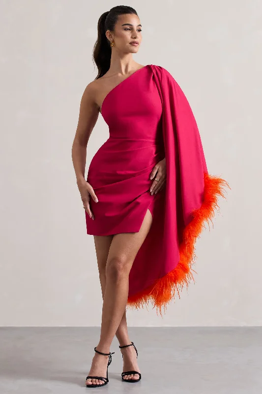 "Plus size formal dresses for women for special events"Lyrika | Dark Pink Asymmetric Cape Sleeve Mini Dress With Feathers