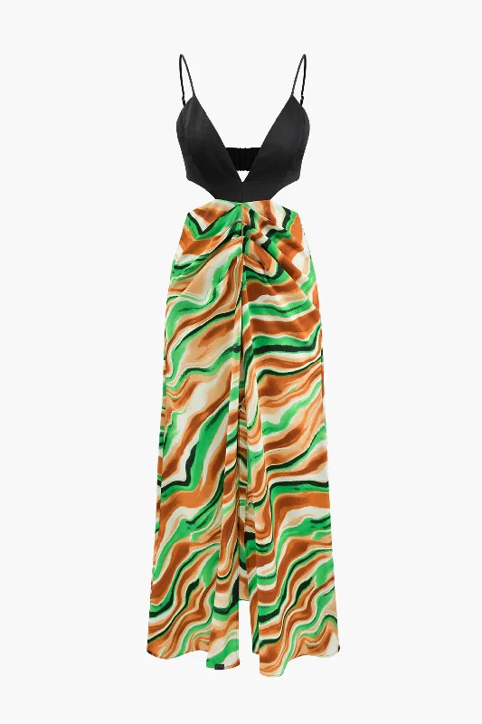 Cool Leather Maxi Dresses for a Rock - Chic StylePrinted Satin V-neck Cut Out Maxi Dress