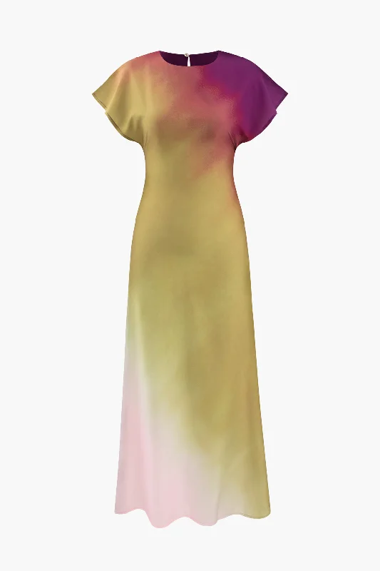 Maxi Dresses with Metal Accessories for a Trendy EdgeTie-Dye Satin Cap Sleeve Maxi Dress