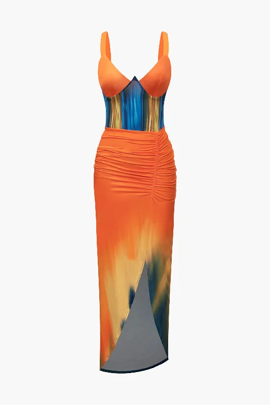 Maxi Dresses for Christmas PartiesTie Dye Print V-neck Ruched Maxi Dress