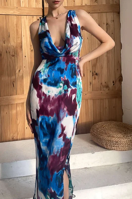 Maxi Dresses for Spring Outings in the CountrysideTie Dye Cowl Neck Slit Maxi Dress Maxi Dresses for Spring Outings in the CountrysideTie Dye Cowl Neck Slit Maxi Dress