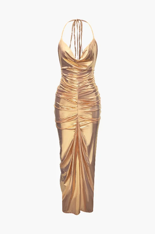 Maxi Dresses with a Fake Two - Piece Design for UniquenessMetallic Ruched Halter Maxi Dress
