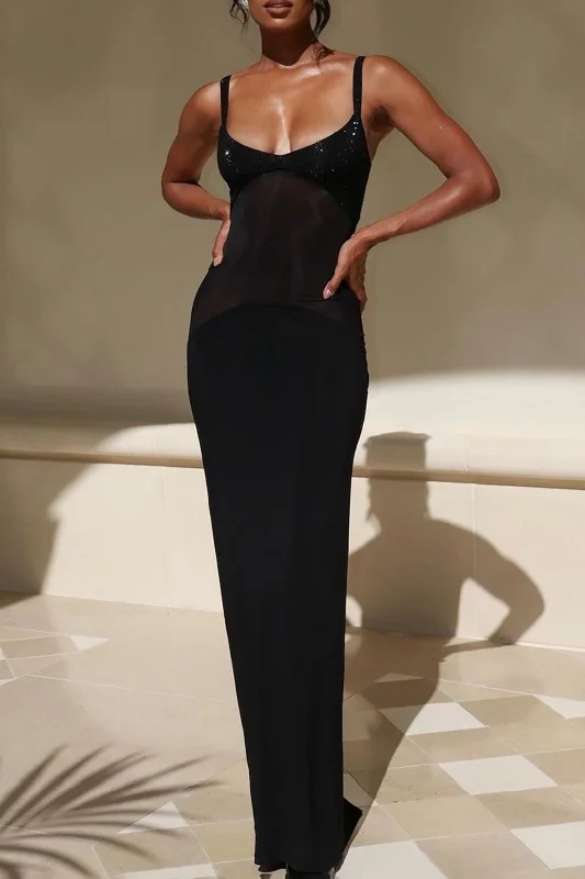 Sturdy Canvas Maxi Dresses for Outdoor AdventuresMesh Rhinestone Sheer Maxi Dress