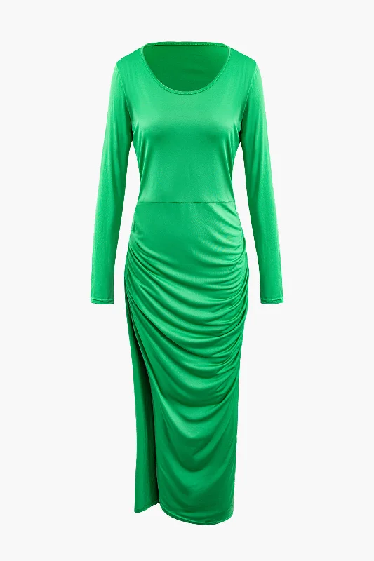 Fluffy Fleece Maxi Dresses for Warmth in WinterAsymmetrical Hem Round Neck Ruched Long Sleeve Maxi Dress