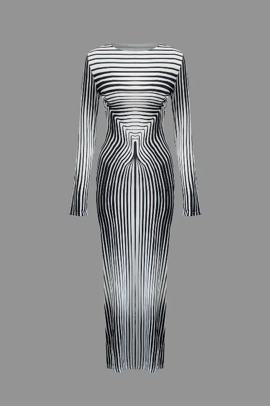 Maxi Dresses with Double - Layered Skirts for a Flowing EffectStripe Contrast Round Neck Long Sleeve Maxi Dress