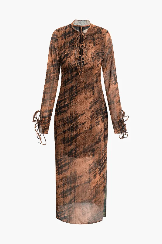Plus - Size Maxi Dresses with Slimming EffectsAbstract Print Lace-up Long Sleeve Maxi Dress