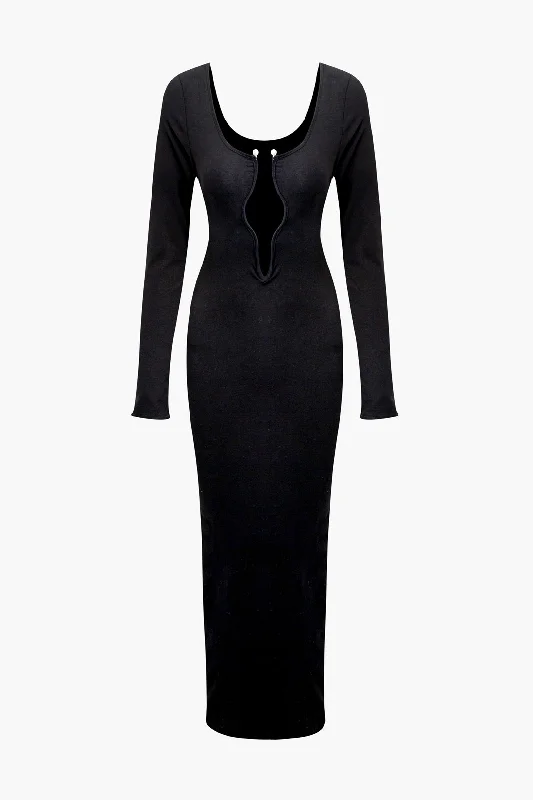 Maxi Dresses with Ethnic Embroidery for Cultural EventsDeep V-neck Pearl Detail Long Sleeve Maxi Dress