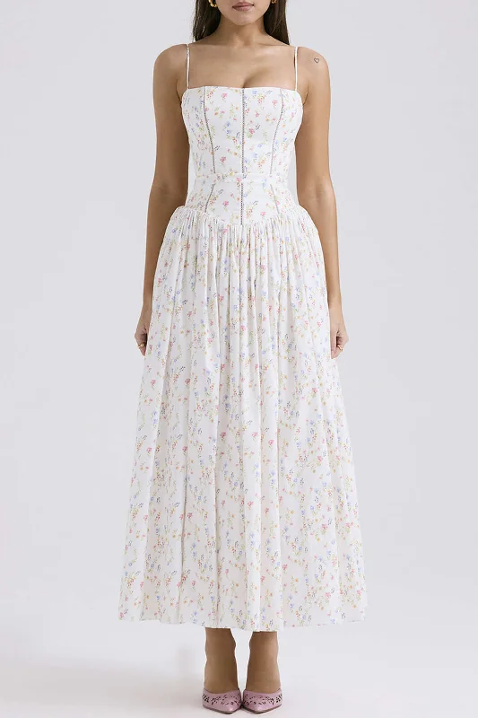 Preppy - Style Pleated Maxi Dresses for School EventsFloral Print Spaghetti Strap Corset Maxi Dress