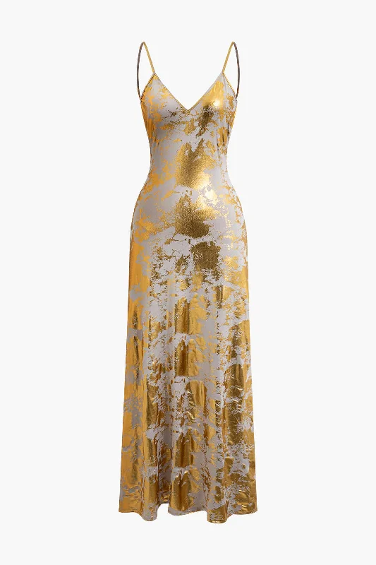 Retro - Style Bubble - Sleeve Maxi DressesMetallic Print V-neck Backless Slip Maxi Dress