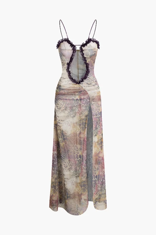 Retro - Style Bubble - Sleeve Maxi DressesPrinted Ruffle Cut Out Mesh Slit Slip Maxi Dress