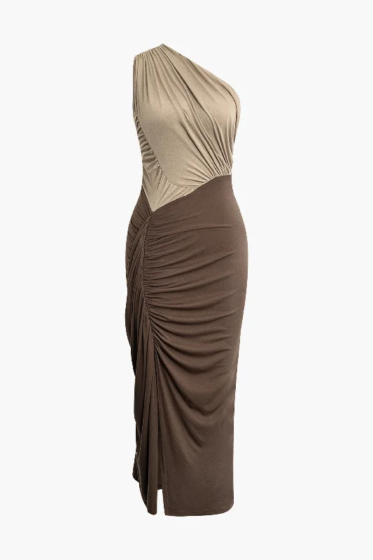 Backless Maxi Dresses for a Bold StatementOne Shouder Patchwork Ruched Slit Maxi Dress