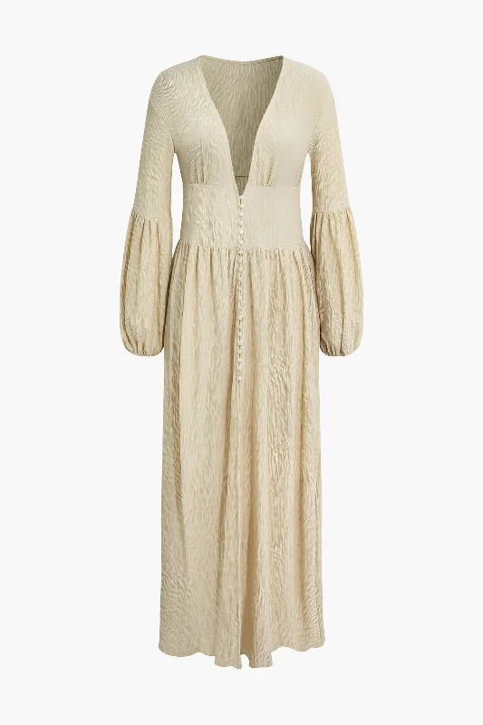 Maxi Dresses with Rhinestone Embellishments for a Glitzy LookRuched Texture Button Up V-neck Maxi Dress