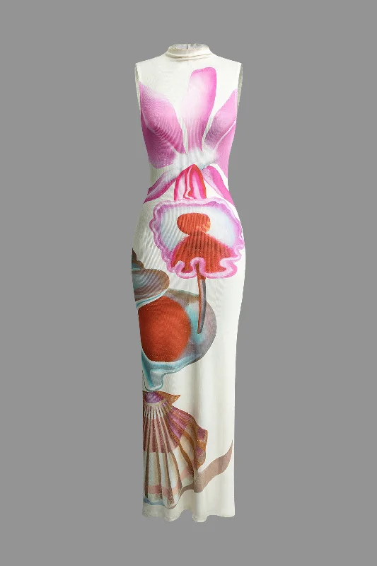 Maxi Dresses with Abstract Art Prints for a Unique StyleFloral Print Mock Neck Slit Sleeveless Maxi Dress