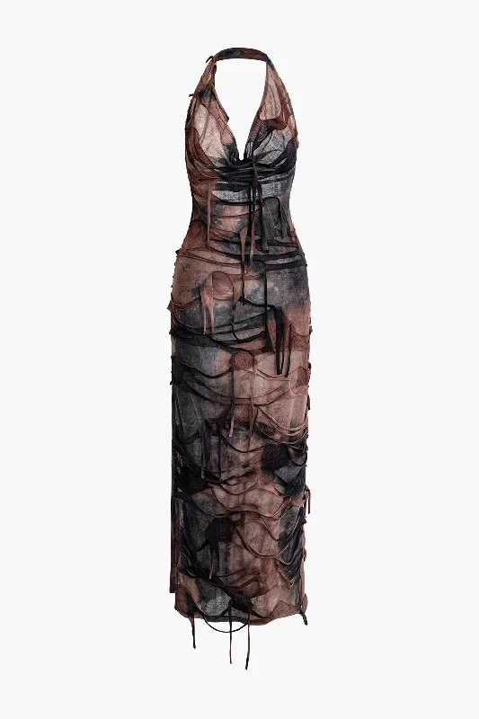 Sleeveless Maxi Dresses for a Minimalist StyleTie Dye Distressed Mesh Slit Halter Cowl Neck Maxi Dress