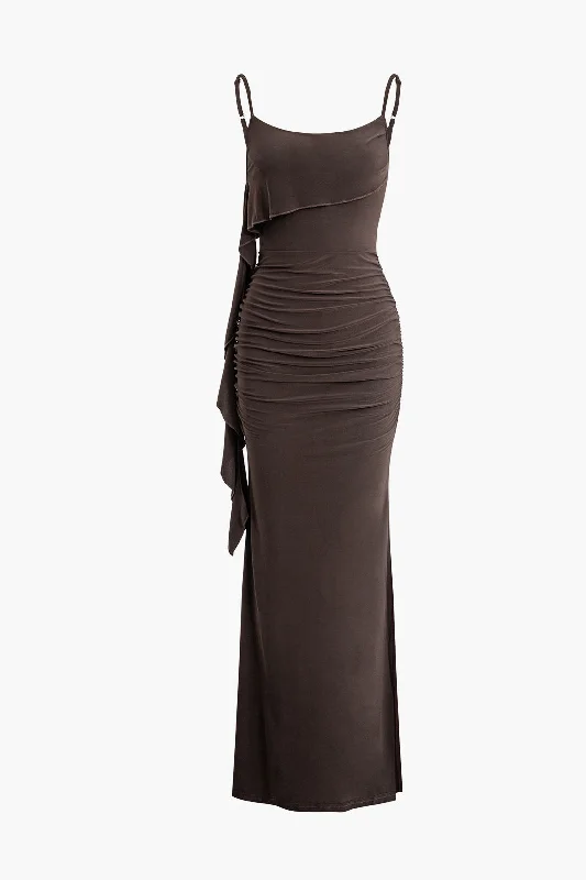 Fairy - Like Tulle Maxi Dresses for Special OccasionsSolid Fringe Backless Slip Slit Maxi Dress