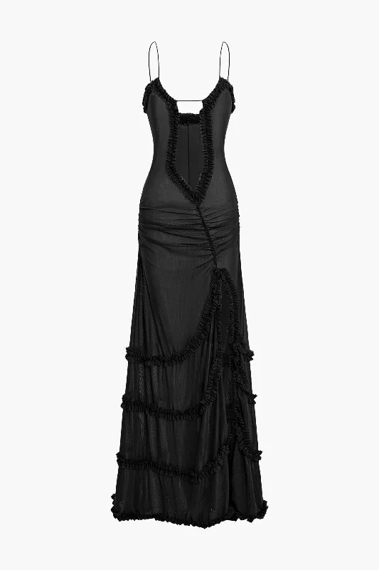 Maxi Dresses for Company Annual MeetingsMesh Ruched Layered Frill Slip Maxi Dress