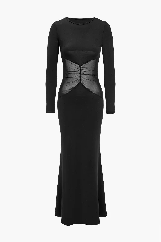 Luxurious Velvet Maxi Dresses for Winter GalasSolid Sheer Mesh Patchwork Maxi Dress