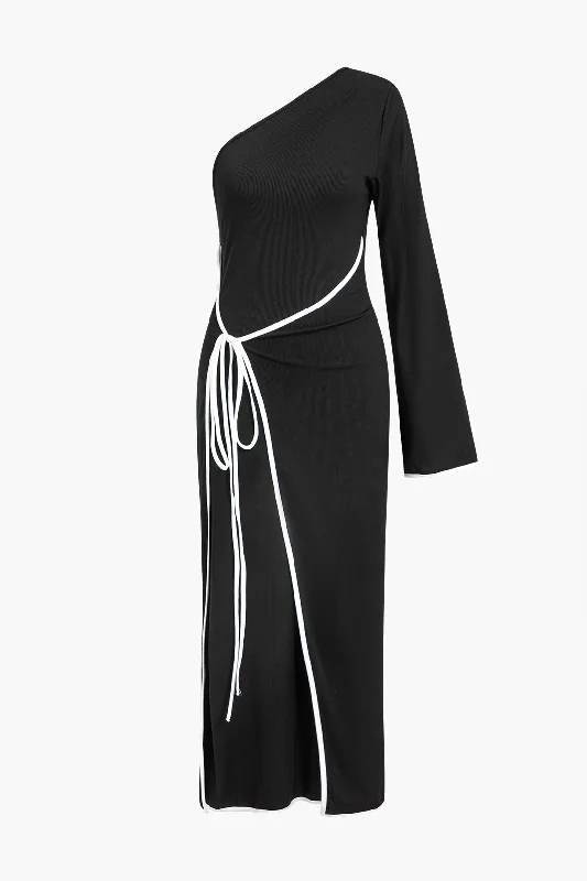 Backless Maxi Dresses for a Bold StatementContrast One Shoulder Asymmetrical Maxi Dress