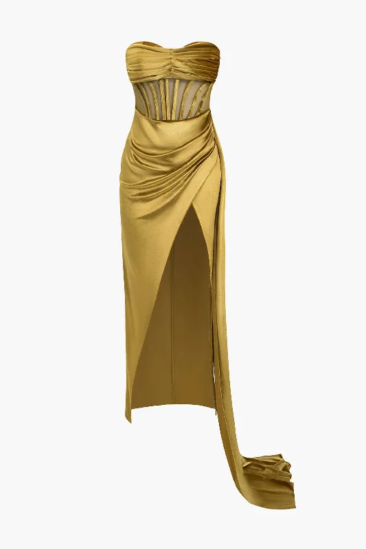 Calming Blue Maxi Dresses for a Soothing LookStrapless Ruched Mesh Velvet Maxi Dress