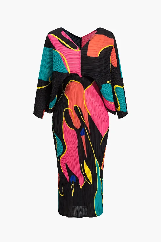 Maxi Dresses for Company Annual MeetingsColor Block Print Pleated V-Neck Batwing Sleeves Maxi Dress