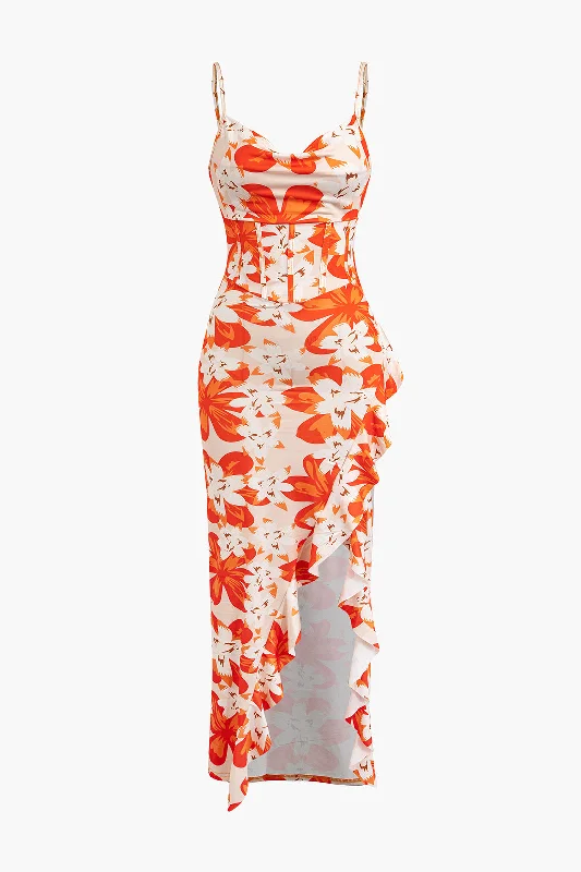 Maxi Dresses Paired with Cropped Tops for a Sexy and Trendy StyleFloral Print Cowl Neck Corset Ruffle Slit Cami Maxi Dress