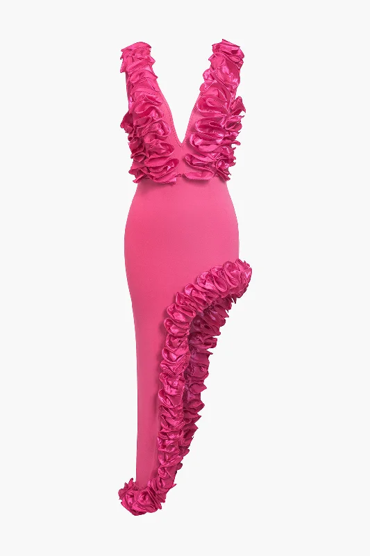 Mermaid - Hem Maxi Dresses for a Glamorous Look3D Floral Asymmetrical Deep V-Neck Maxi Dress