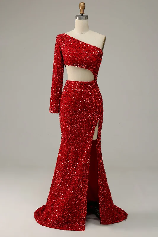 "Mother of the groom dresses for women in sophisticated designs"Mermaid One Shoulder Red Sequins Cut Out Prom Dress with Slit Front